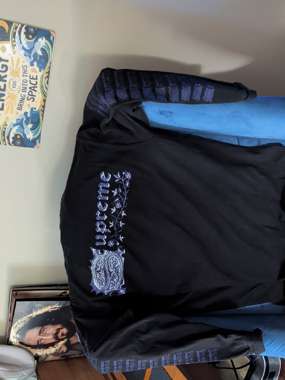 Supreme Black Long Sleeve Tee with Blue Gothic Graphics